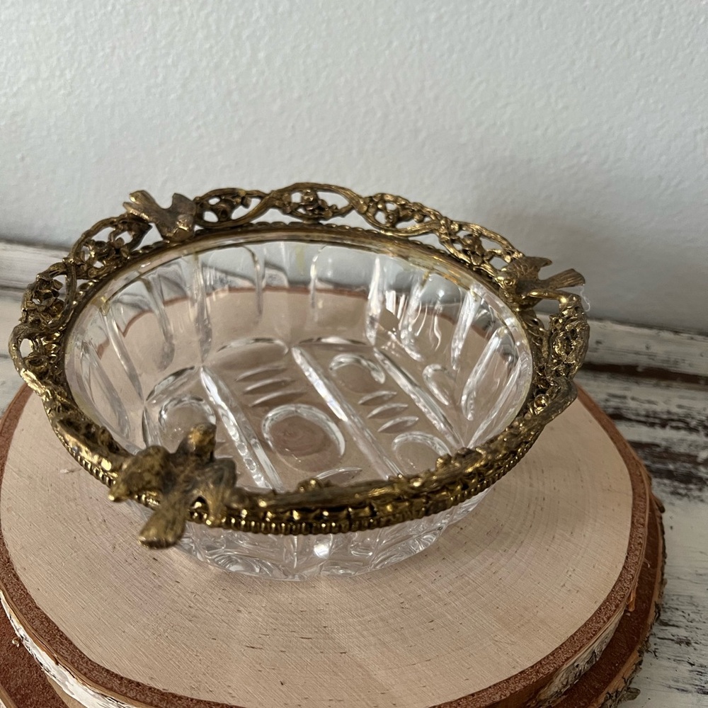 MCM Hollywood Regency Gold Gilt  Birds Vintage Bowl  Trinket Dish Cut Glass Rare - Picture 4 of 8